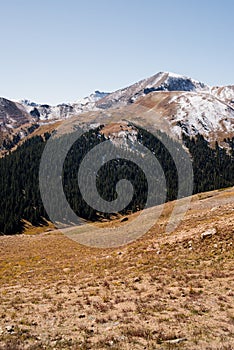 Landscape view of snow capped mountains at Independence Pass near Aspen, Colorado.