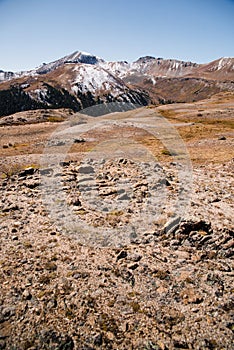 Landscape view of snow capped mountains at Independence Pass near Aspen, Colorado.