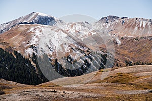 Landscape view of snow capped mountains at Independence Pass near Aspen, Colorado.