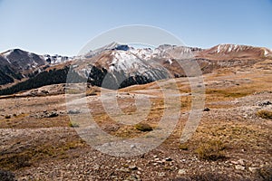 Landscape view of snow capped mountains at Independence Pass near Aspen, Colorado.