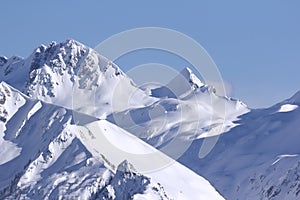 Landscape view of snow covered mountains.