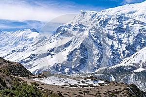 Landscape view of the snowy mountains at Churi Letdar hamlet, Annapurna circuit trek, Nepal