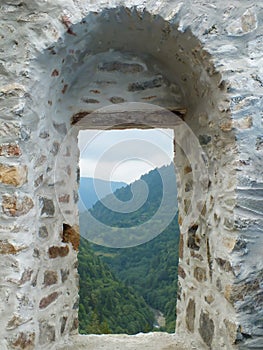 Landscape view through the stone window from the Zil Castle, Zilkale, Camlihemsin, Rize, Turkey