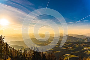 Landscape view during sunset in spring from Graz Schockl mountain in Styria Austria