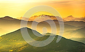 Landscape view during sunset in spring from Graz Schockl mountain in Styria Austria