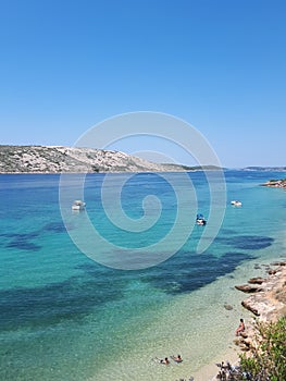 Landscape view to the white yachts and beautiful water in the sea photo