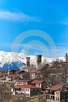 Landscape view of the town of Mestia in the Sakartvelo Mountains. The famous towers of Svania