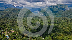 Landscape view of tropical forest and mountains near Gunung Mulu national park. Borneo. Sarawak.