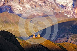 Landscape view of Tsminda Sameba church in Kazbegi, Georgia