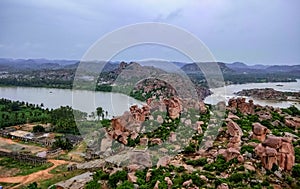 Landscape view of Tungabhadra river from Matanga hill at Hampi