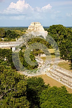 Landscape view of Uxmal archeological site with pyramids and ruins