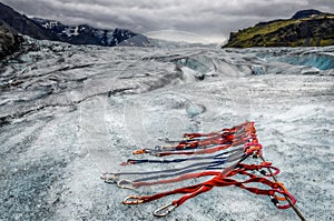Landscape view of Vatnajokull glacier with detail of climbing ropes, Iceland photo