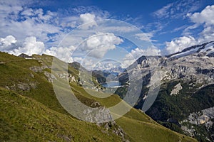 Landscape view from the Viel del Pan mountain trail in the Dolomites