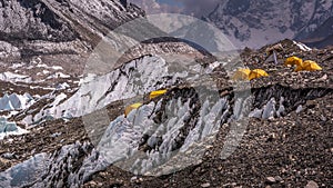 Landscape view of yellow tents in Everest Base Camp.