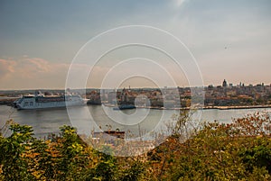 Landscape with views of the city, port, ship and Bay of Havana. Havana. Cuba