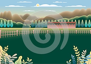 Landscape village, mountains, hills, trees, forest. Rural valley Farm countryside with house, building, fence in flat style design