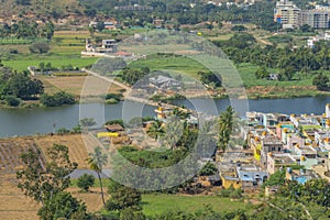 Landscape from a village at Puttaparthi with the houses and river