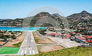 Landscape with village and runway of St Jean on the Caribbean island of Saint BarthÃ©lemy  St Barts .