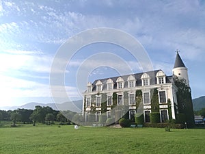 Landscape Vintage building and blue sky and mountain