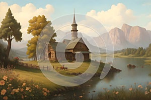 Landscape vintage painting nostalgic vibes fine art quality digital print image generated using Ai photo