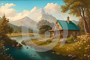 Landscape vintage painting nostalgic vibes fine art quality digital print image generated using Ai photo
