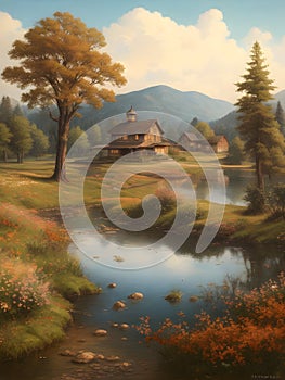 Landscape vintage painting nostalgic vibes fine art quality digital print image generated using Ai photo
