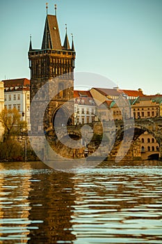 landscape with Vltava river and Karlov most in the evening in autumn in Prague
