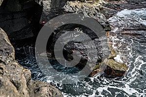 Landscape of a volcanic coast with black rocks, Atlantic ocean. Selective focus. Los Gigantes, Tenerife