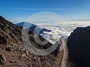 Landscape in the volcanic crater Caldera de Taburiente seen from mountain peak of Roque de los Muchachos Viewpoint