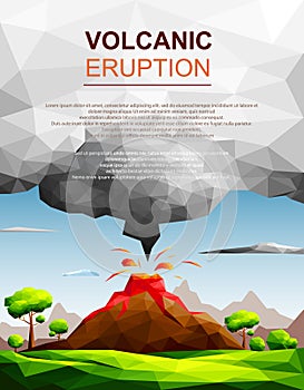 Landscape of volcanic eruption with lava flowing and ash cloud in green fields among trees-Natural disaster concept.