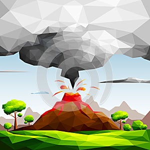 Landscape of volcanic eruption with lava flowing and ash cloud in green fields among trees-Natural disaster concept. photo