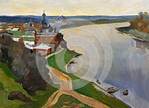 Landscape with the Volkhov river and Orthodox monastery