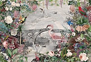 Landscape wallpaper of the river and the old bridge with flowers, trees, birds and flamingos in an old vintage drawing