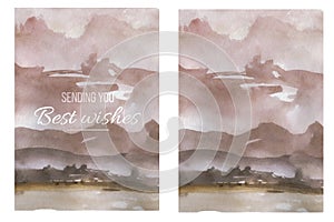 Landscape, watercolor forest and mountains, hand painting. Beautiful forest scene for wedding invitation pre-made card