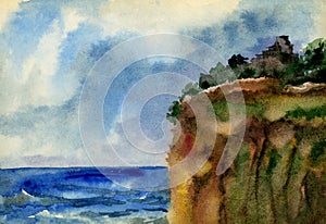 Landscape in watercolor, high coast by the stormy sea. Pink clouds.