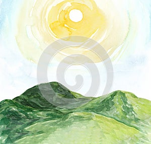 Landscape watercolor illustration Green hills Blue sky with bright sun background
