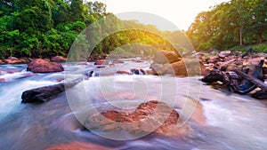 Landscape of waterfall in asia rain forrest by composite of tree stump, old tree roots and rock or stone on stream line of