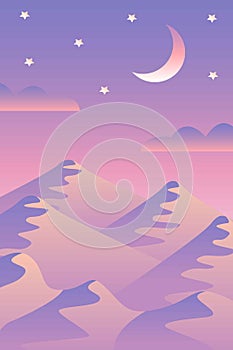 Landscape with waves. Blue night sky. Moon and stars. Yellow, pink, purple and violet mountains silhouette. Sandy desert dunes.