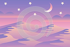 Landscape with waves. Blue night sky. Moon and stars. Yellow, pink, purple and violet mountains silhouette. Sandy desert dunes.