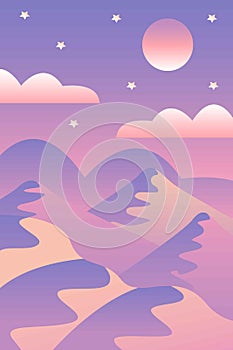 Landscape with waves. Blue night sky. Moon and stars. Yellow, pink, purple and violet mountains silhouette. Sandy desert dunes.