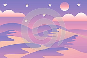 Landscape with waves. Blue night sky. Moon and stars. Yellow, pink, purple and violet mountains silhouette. Sandy desert dunes.