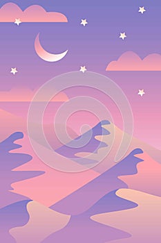 Landscape with waves. Blue night sky. Moon and stars. Yellow, pink, purple and violet mountains silhouette. Sandy desert dunes.