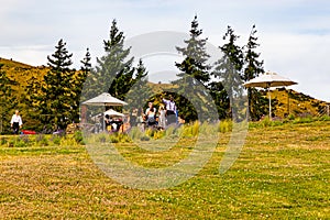 Landscape with wedding tent , at Dublin Bay with backdrop of the Southern Alps , in Wanaka, Otago, South Island, New Zealand