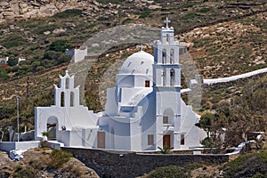Landscape with White churches in town of Ios, Greece