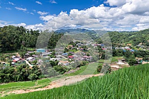 Landscape with white clouds, blue sky on mountain valley.