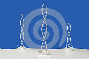 landscape white liquid milk partition dna shape string bubbles splash ripples triple helix floating surface on blue background.