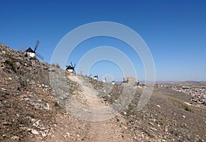 Landscape with white Windmills on hill in Consuegra, Spain