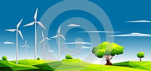 Landscape with wind farm in green fields among trees.Ecology Concept.Polygonal style