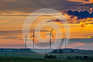 Wind power turbines and sunset sky