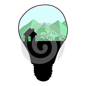 Landscape and wind turbine in a light bulb vector illustration sketch doodle hand drawn with black lines isolated on white